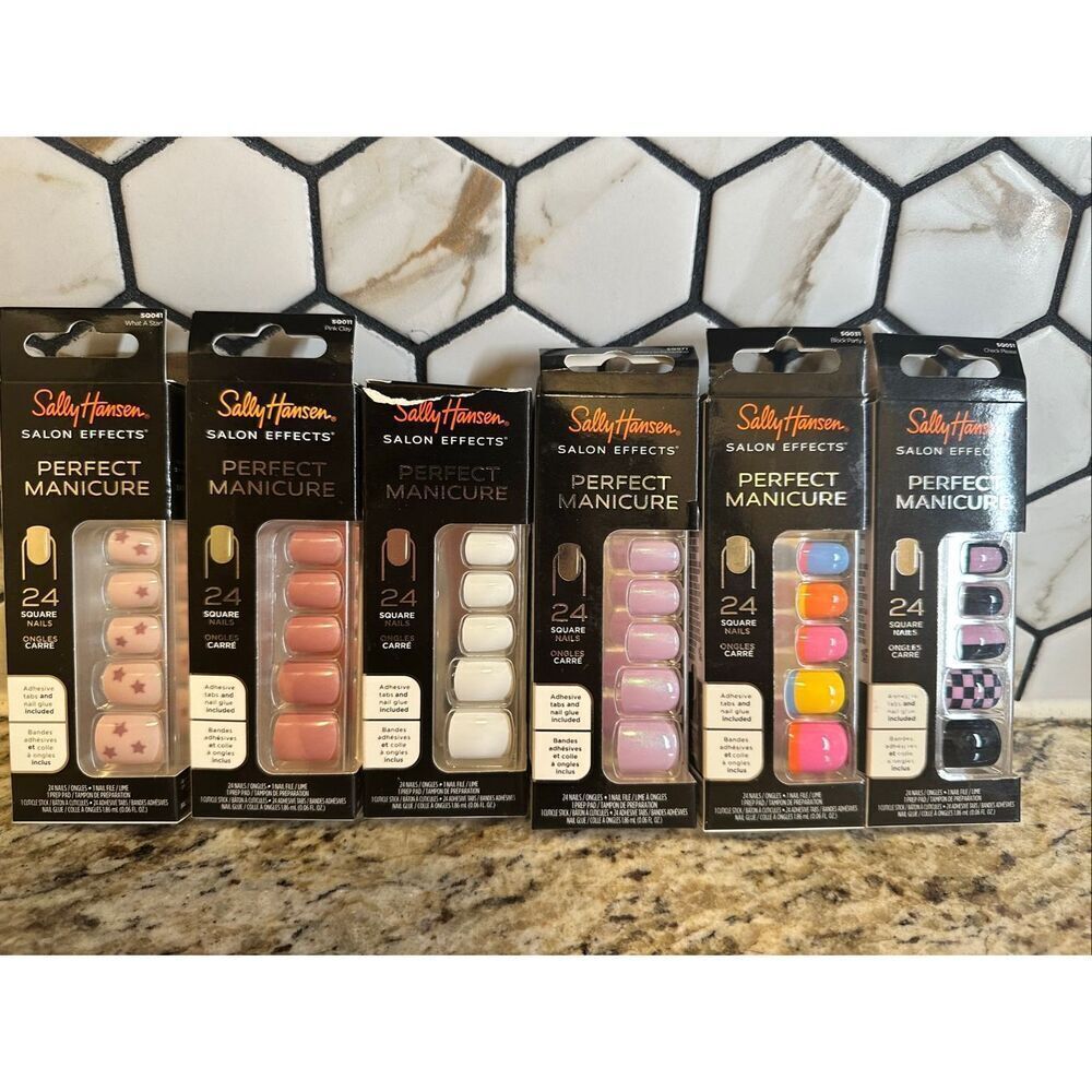 Sally Hansen 6 Sets of 24 Press on Square Shaped Nails With Glue New
